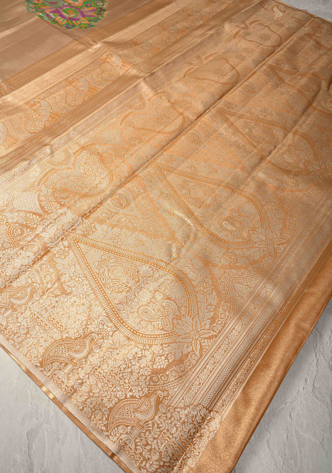 Gold-Mustard Kanjivaram Tissue Semi Silk Saree with Meenakari Buttas and Peacock Zari Border