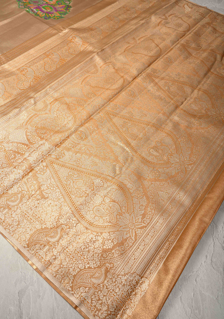 Gold-Mustard Kanjivaram Tissue Semi Silk Saree with Meenakari Buttas and Peacock Zari Border