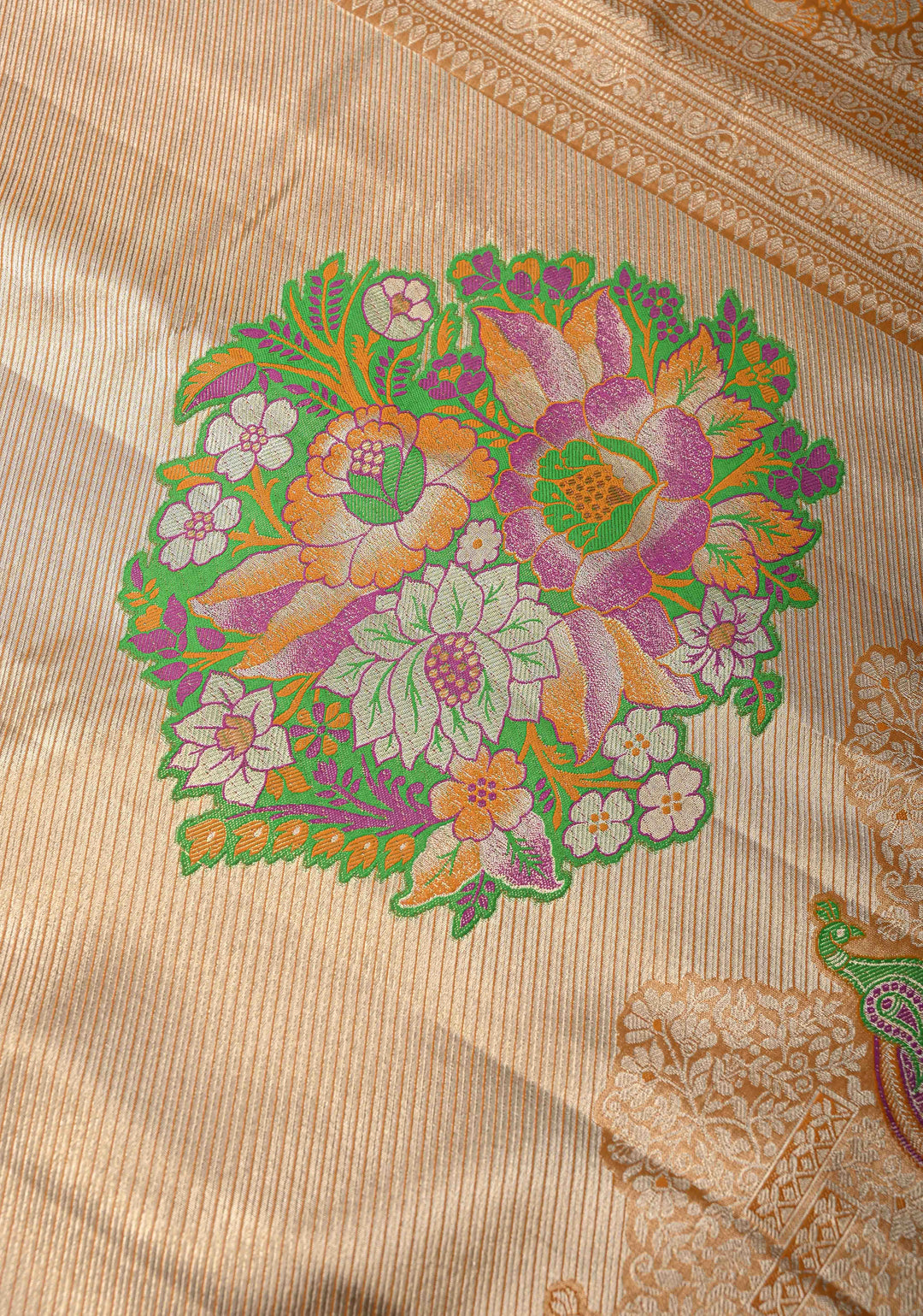 Gold-Mustard Kanjivaram Tissue Semi Silk Saree with Meenakari Buttas and Peacock Zari Border