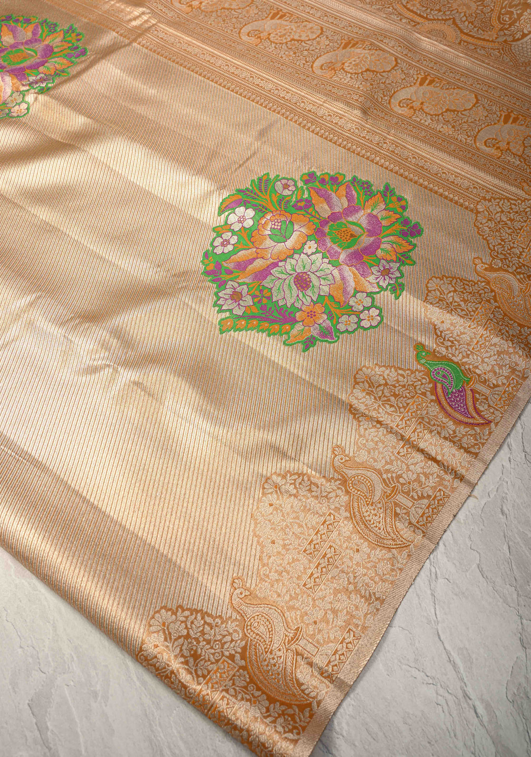 Gold-Mustard Kanjivaram Tissue Semi Silk Saree with Meenakari Buttas and Peacock Zari Border