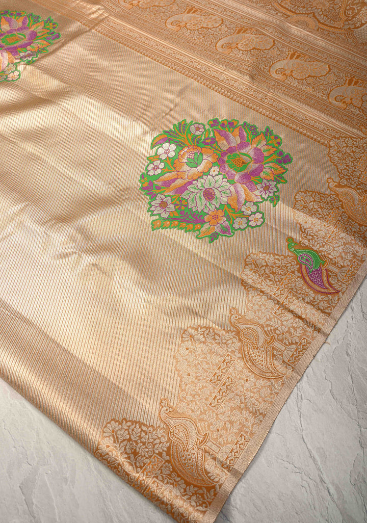 Gold-Mustard Kanjivaram Tissue Semi Silk Saree with Meenakari Buttas and Peacock Zari Border