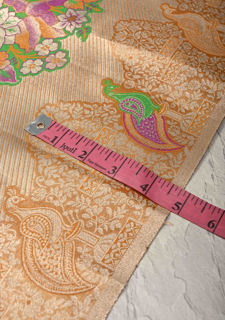 Gold-Mustard Kanjivaram Tissue Semi Silk Saree with Meenakari Buttas and Peacock Zari Border