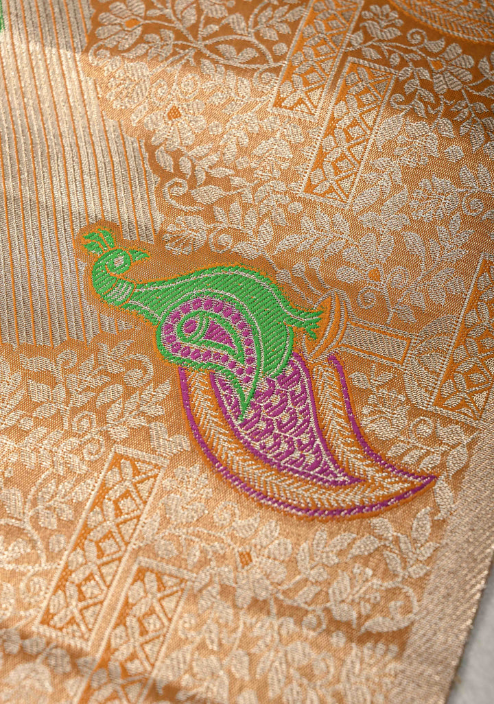 Gold-Mustard Kanjivaram Tissue Semi Silk Saree with Meenakari Buttas and Peacock Zari Border