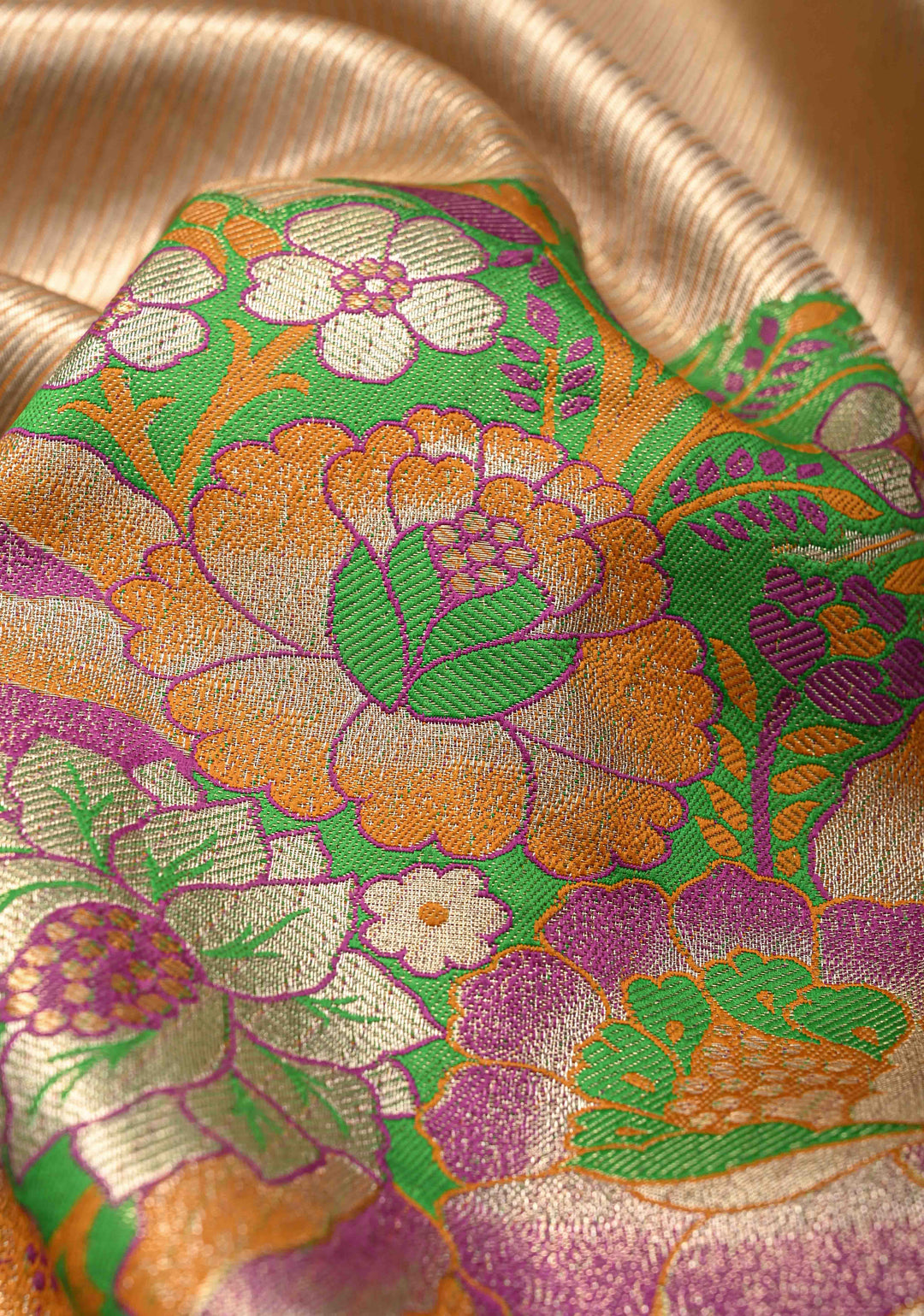 Gold-Mustard Kanjivaram Tissue Semi Silk Saree with Meenakari Buttas and Peacock Zari Border