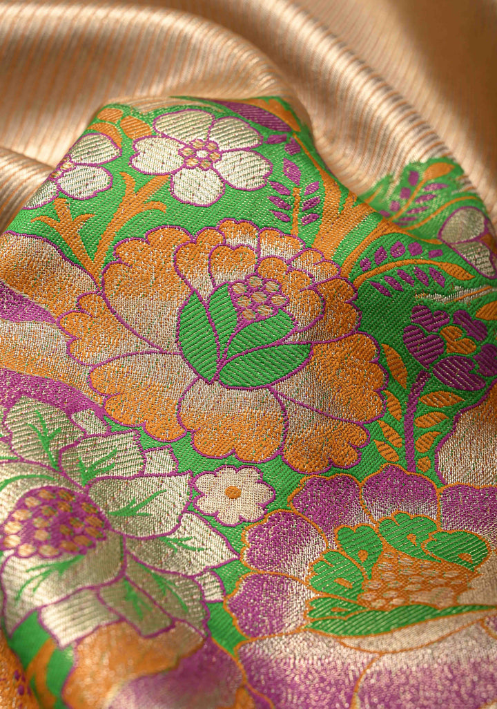 Gold-Mustard Kanjivaram Tissue Semi Silk Saree with Meenakari Buttas and Peacock Zari Border