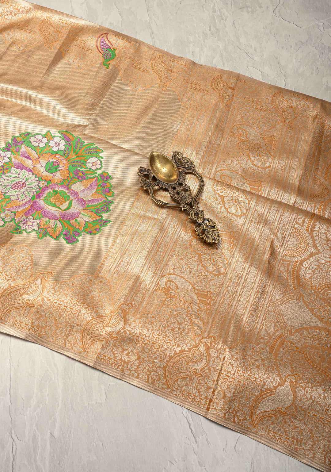 Gold-Mustard Kanjivaram Tissue Semi Silk Saree with Meenakari Buttas and Peacock Zari Border