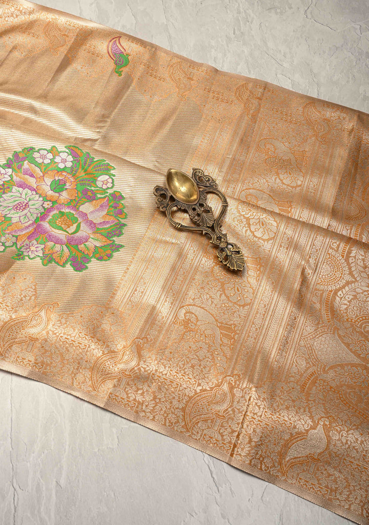 Gold-Mustard Kanjivaram Tissue Semi Silk Saree with Meenakari Buttas and Peacock Zari Border