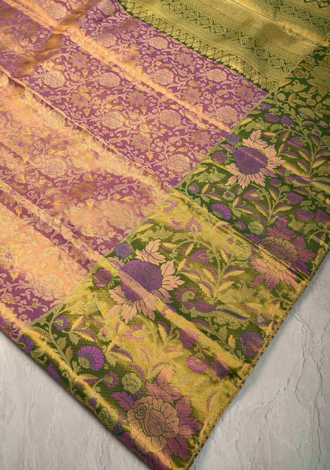 Light Orchid Meenakari on Tissue Kanjivaram Handloom Silk Saree with Floral Jaal Brocade and Parsi Gara Border | SILK MARK CERTIFIED