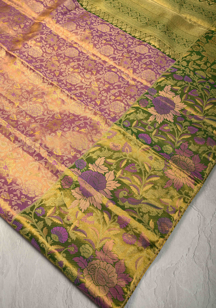 Light Orchid Meenakari on Tissue Kanjivaram Handloom Silk Saree with Floral Jaal Brocade and Parsi Gara Border | SILK MARK CERTIFIED