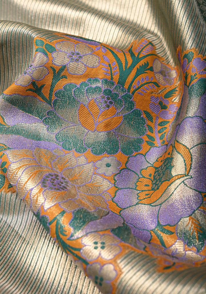 Gold-Blue Kanjivaram Tissue Semi Silk Saree with Meenakari Buttas and Peacock Scallop Border