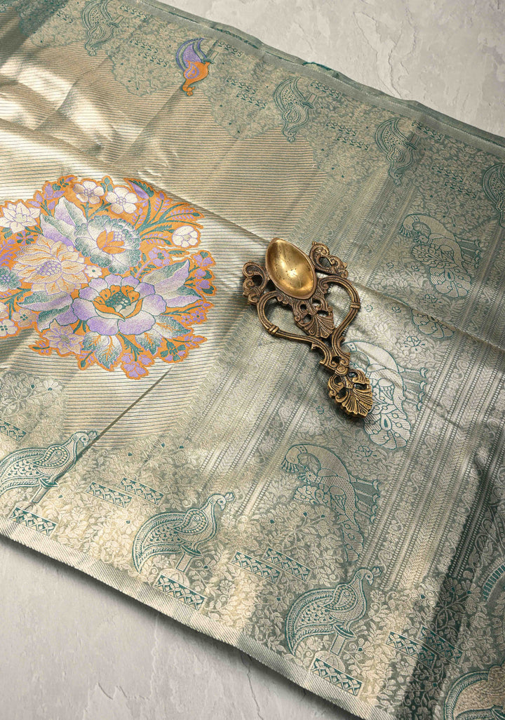Gold-Blue Kanjivaram Tissue Semi Silk Saree with Meenakari Buttas and Peacock Scallop Border