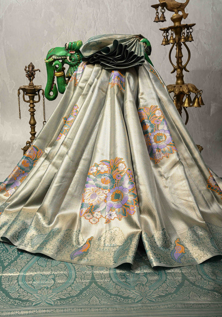 Gold-Blue Kanjivaram Tissue Semi Silk Saree with Meenakari Buttas and Peacock Scallop Border