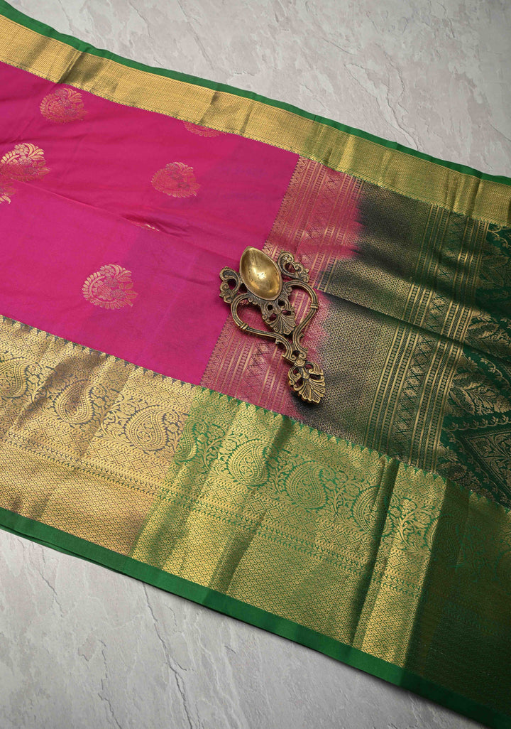 Magenta Kanjivaram Semi Silk Saree with Zari Buttas and Contrast Zari Border