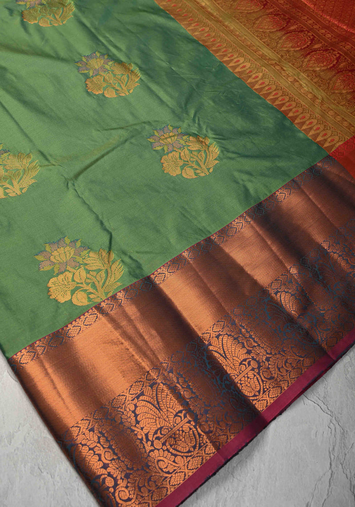 Green Dual tone Kanjivaram Semi Silk Saree with Meenakari Buttas and Contrast Zari Border
