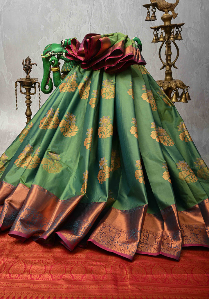 Green Dual tone Kanjivaram Semi Silk Saree with Meenakari Buttas and Contrast Zari Border