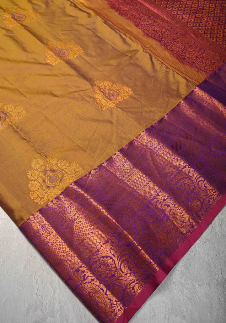 Honey Dual tone Kanjivaram Semi Silk Saree with Meenakari Buttas and Contrast Zari Border