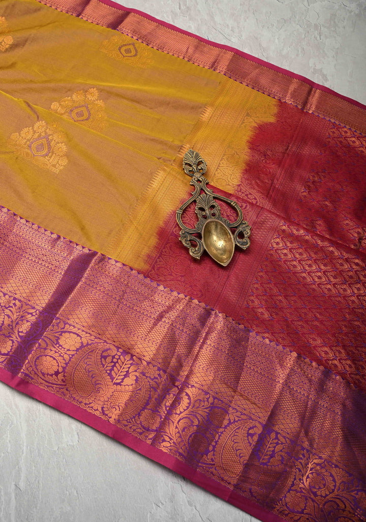 Honey Dual tone Kanjivaram Semi Silk Saree with Meenakari Buttas and Contrast Zari Border