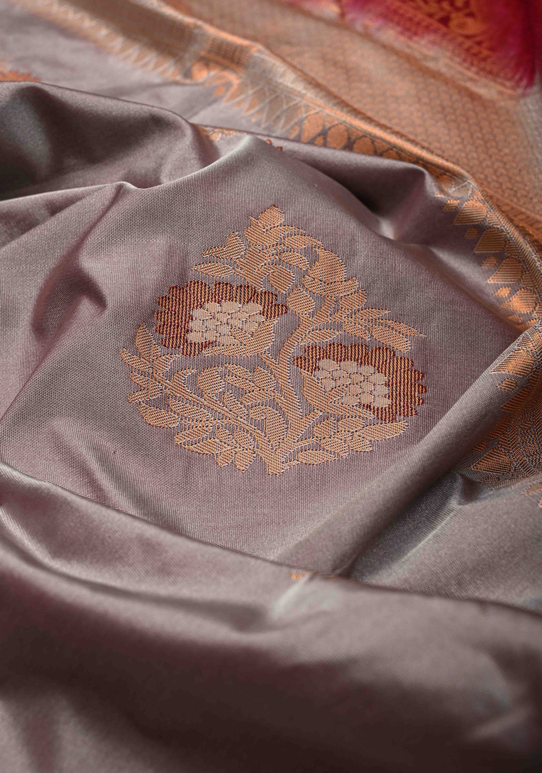 Light Dusty Mauve Kanjivaram Semi Silk Saree with Meenakari Buttas and Contrast Zari Border