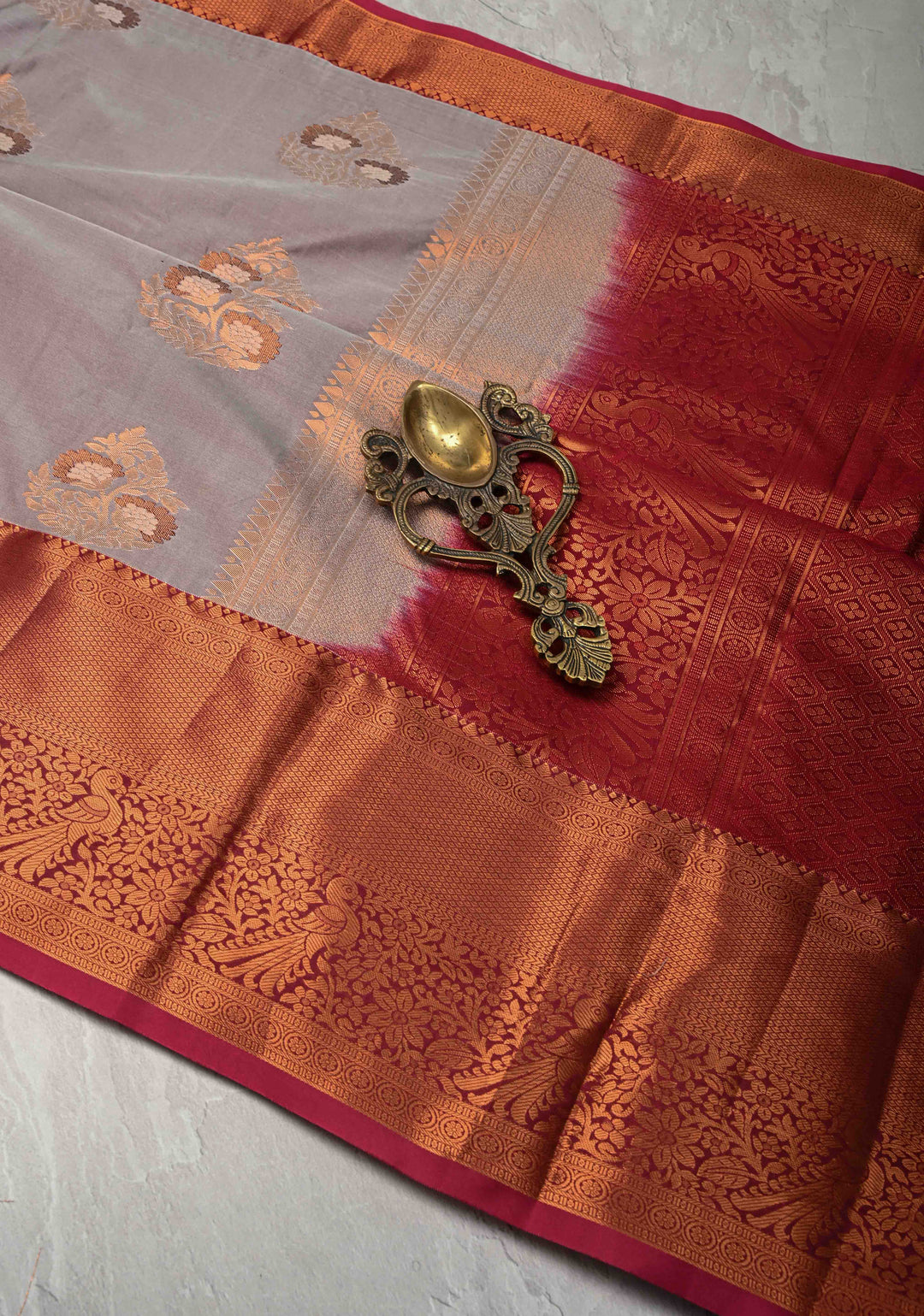 Light Dusty Mauve Kanjivaram Semi Silk Saree with Meenakari Buttas and Contrast Zari Border