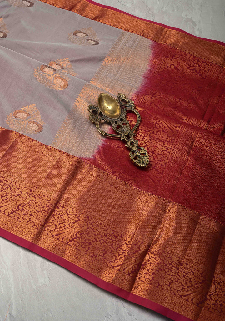 Light Dusty Mauve Kanjivaram Semi Silk Saree with Meenakari Buttas and Contrast Zari Border