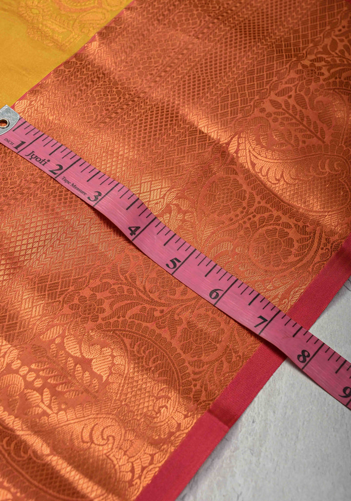 Mustard Yellow Kanjivaram Semi Silk Saree with Meenakari Buttas and Contrast Zari Border