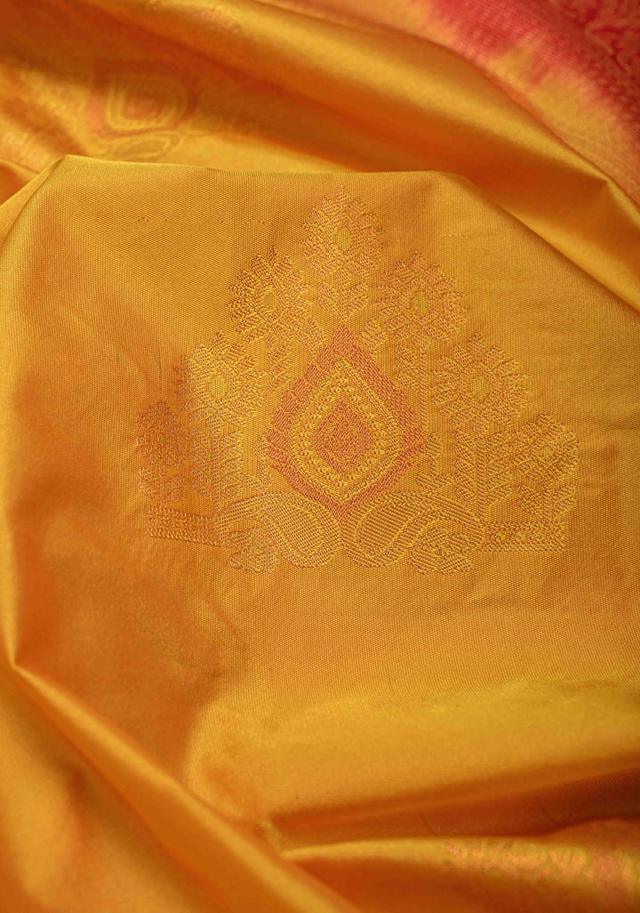 Mustard Yellow Kanjivaram Semi Silk Saree with Meenakari Buttas and Contrast Zari Border