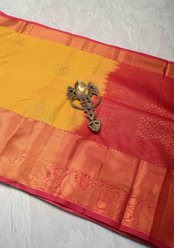 Mustard Yellow Kanjivaram Semi Silk Saree with Meenakari Buttas and Contrast Zari Border