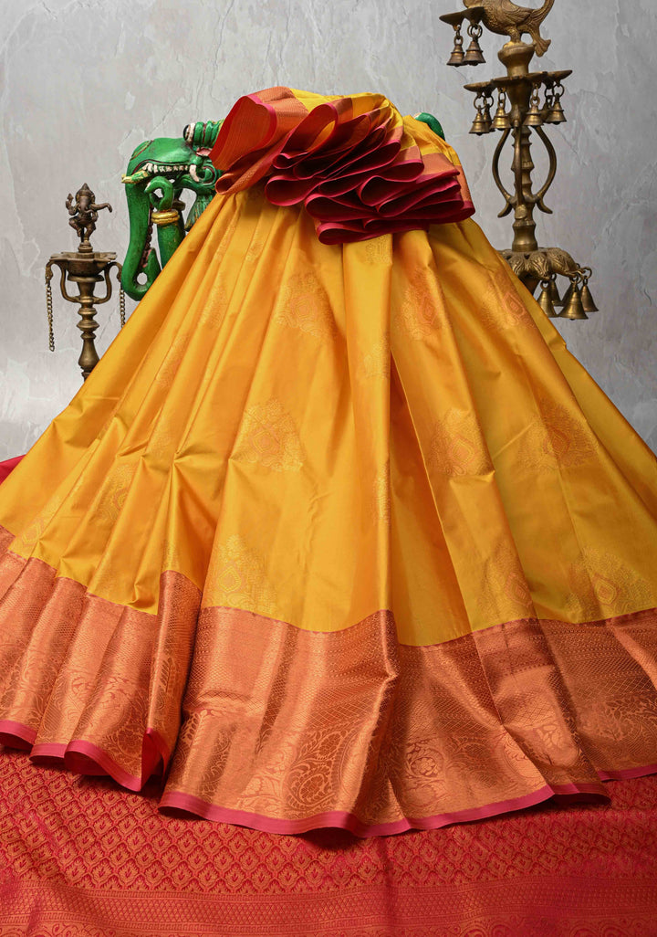 Mustard Yellow Kanjivaram Semi Silk Saree with Meenakari Buttas and Contrast Zari Border