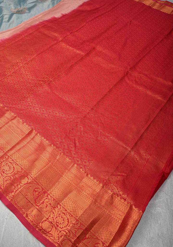 Frosty blue  Kanjivaram Semi Silk Saree with Meenakari Buttas and Contrast Zari Border