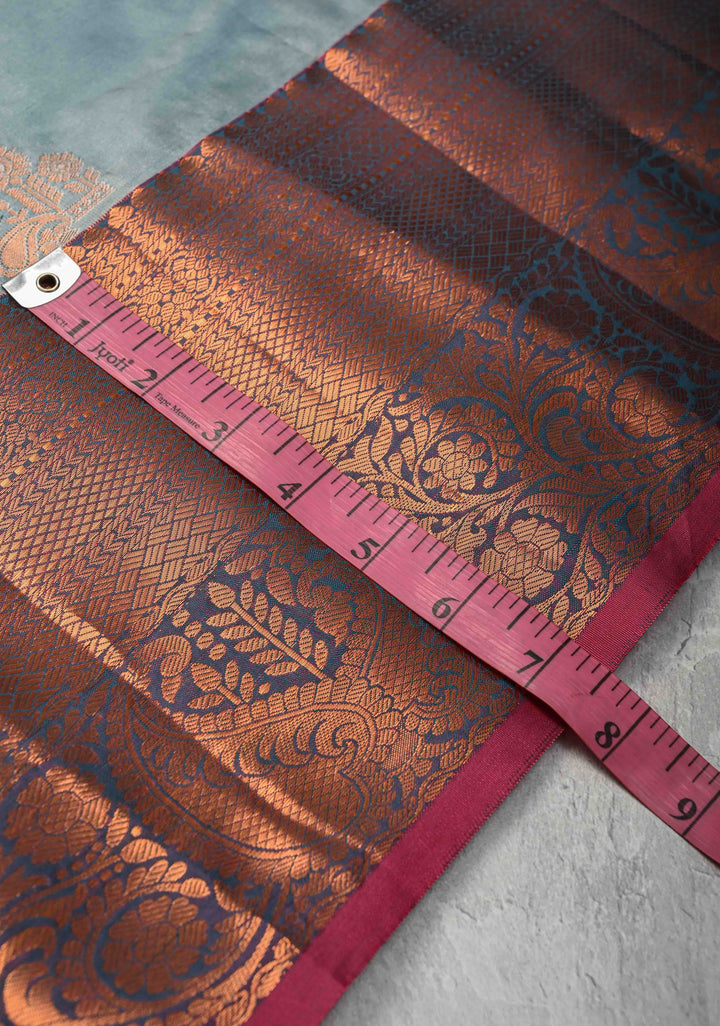 Frosty blue  Kanjivaram Semi Silk Saree with Meenakari Buttas and Contrast Zari Border