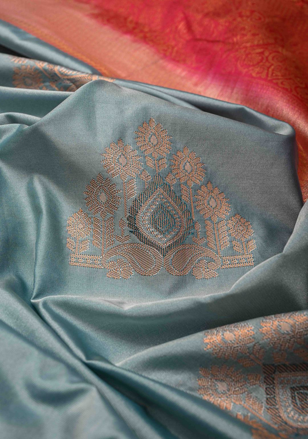 Frosty blue  Kanjivaram Semi Silk Saree with Meenakari Buttas and Contrast Zari Border