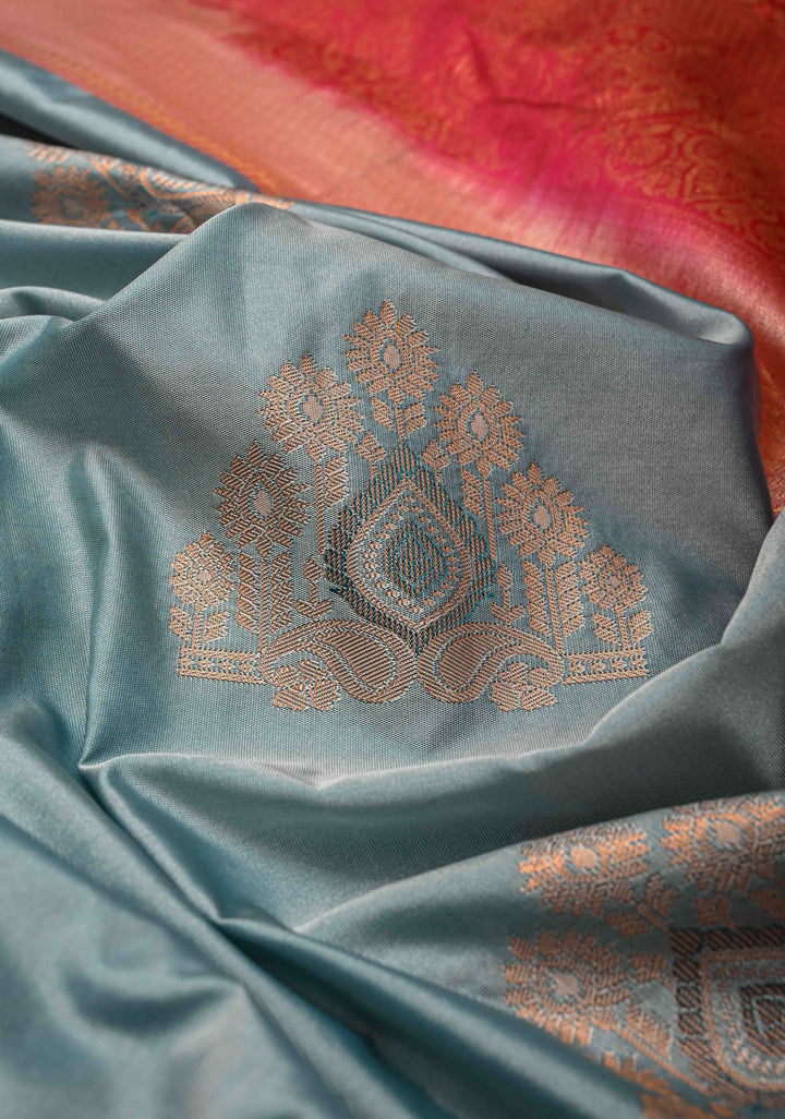 Frosty blue  Kanjivaram Semi Silk Saree with Meenakari Buttas and Contrast Zari Border