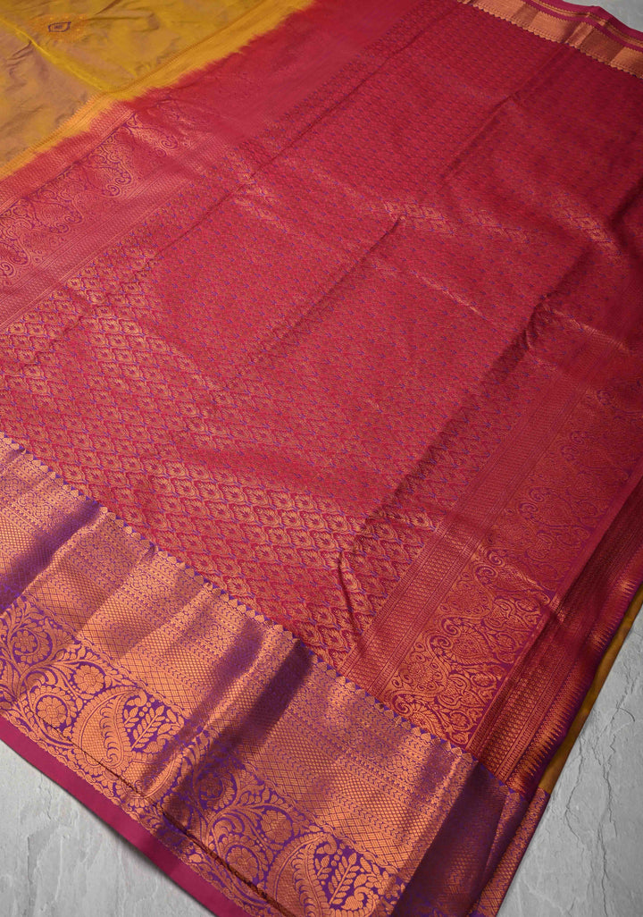 Mustard Dual tone Kanjivaram Semi Silk Saree with Meenakari Buttas and Contrast Zari Border