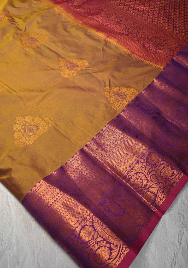 Mustard Dual tone Kanjivaram Semi Silk Saree with Meenakari Buttas and Contrast Zari Border