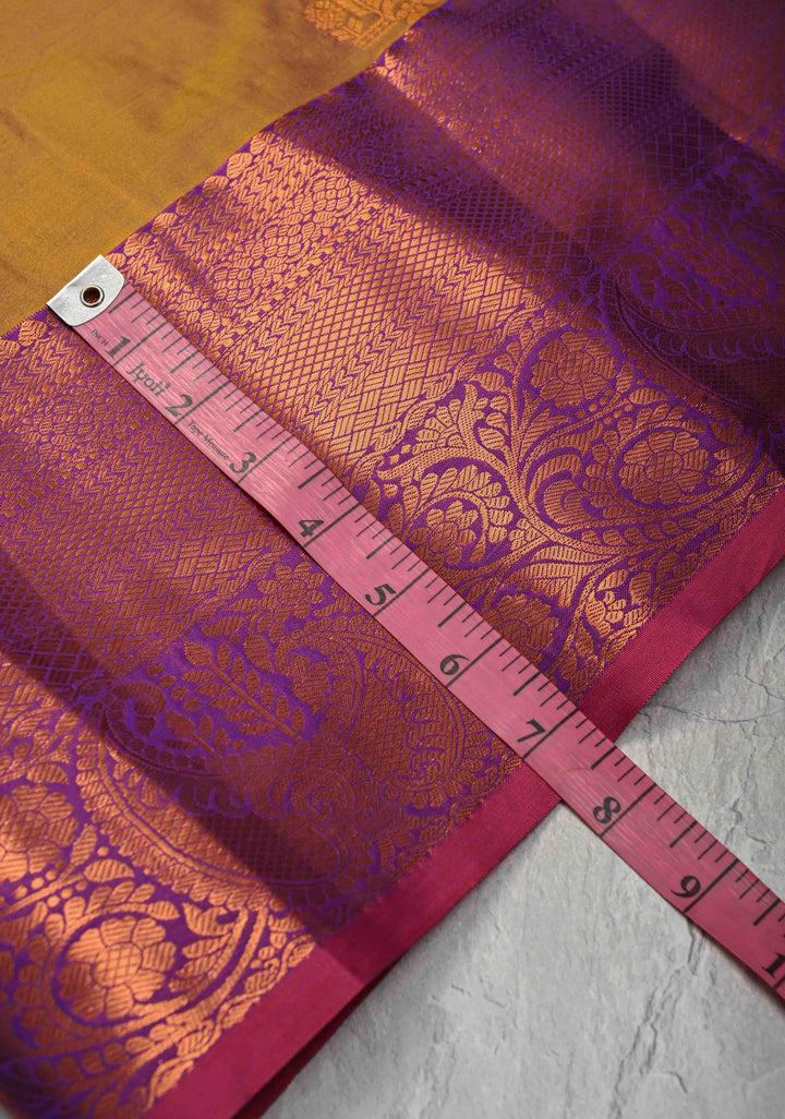 Mustard Dual tone Kanjivaram Semi Silk Saree with Meenakari Buttas and Contrast Zari Border