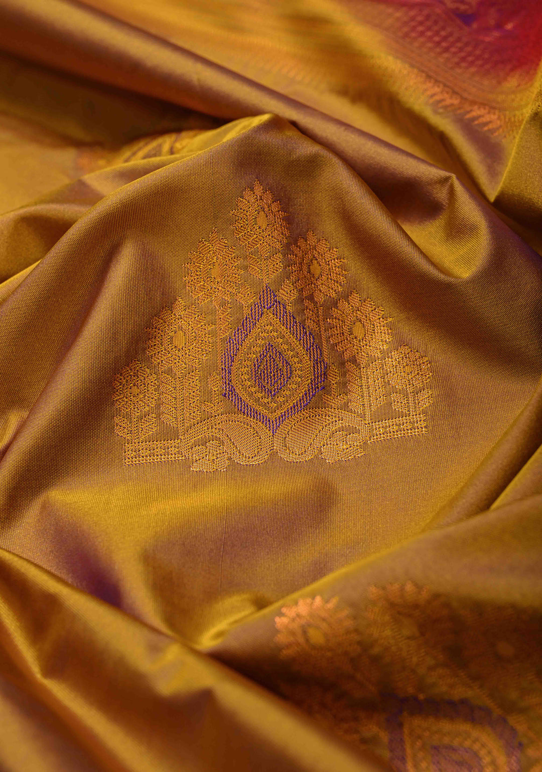 Mustard Dual tone Kanjivaram Semi Silk Saree with Meenakari Buttas and Contrast Zari Border
