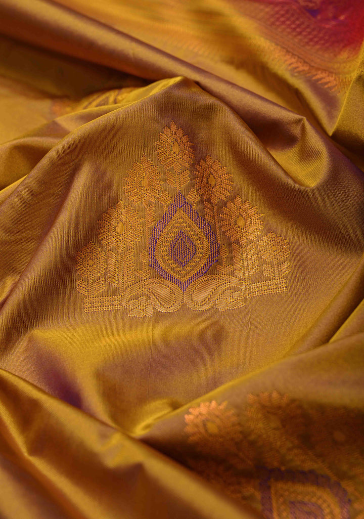 Mustard Dual tone Kanjivaram Semi Silk Saree with Meenakari Buttas and Contrast Zari Border