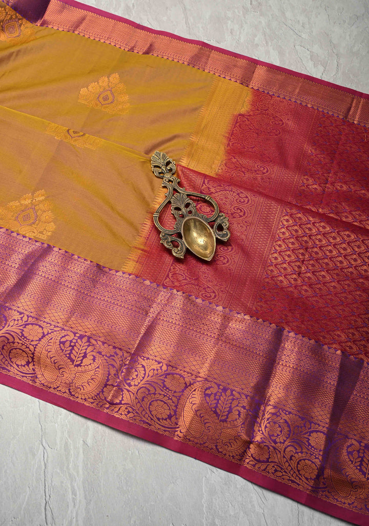 Mustard Dual tone Kanjivaram Semi Silk Saree with Meenakari Buttas and Contrast Zari Border