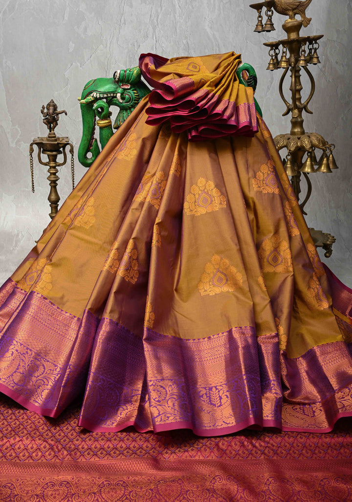 Mustard Dual tone Kanjivaram Semi Silk Saree with Meenakari Buttas and Contrast Zari Border