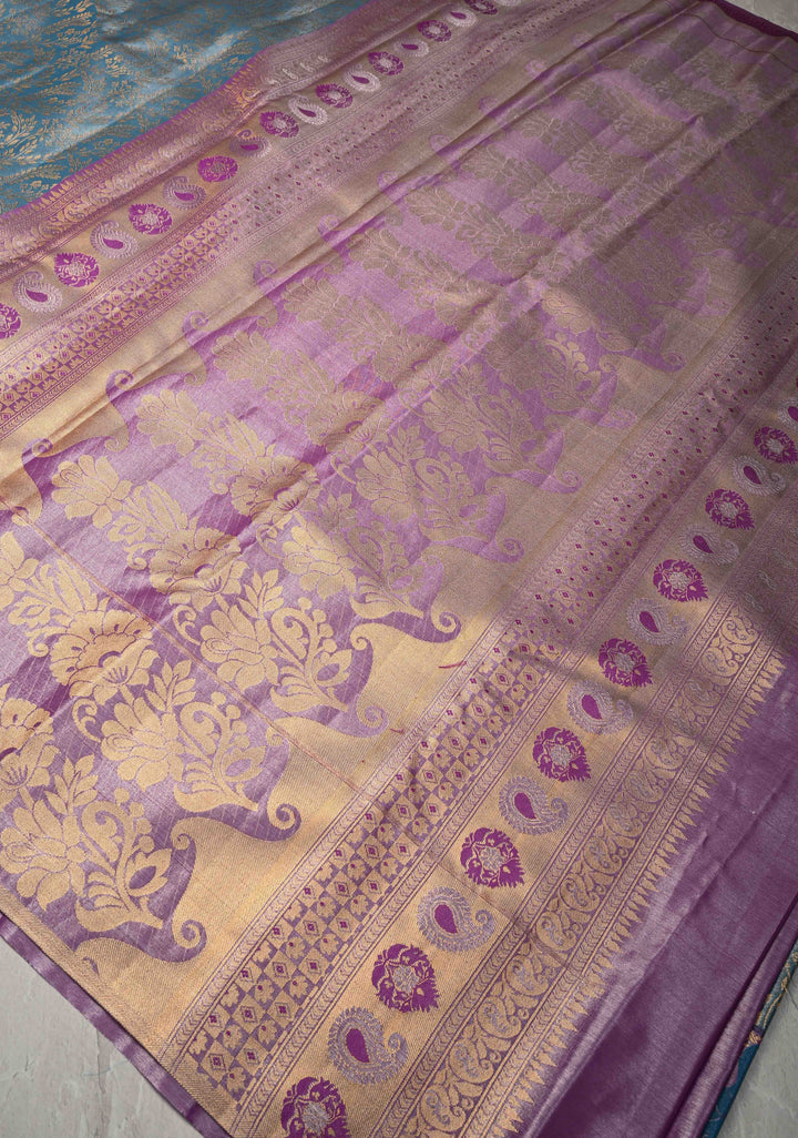 Maya Blue Kanjivaram Floral Brocade Tissue Semi Silk Saree With Contrast Zari Border