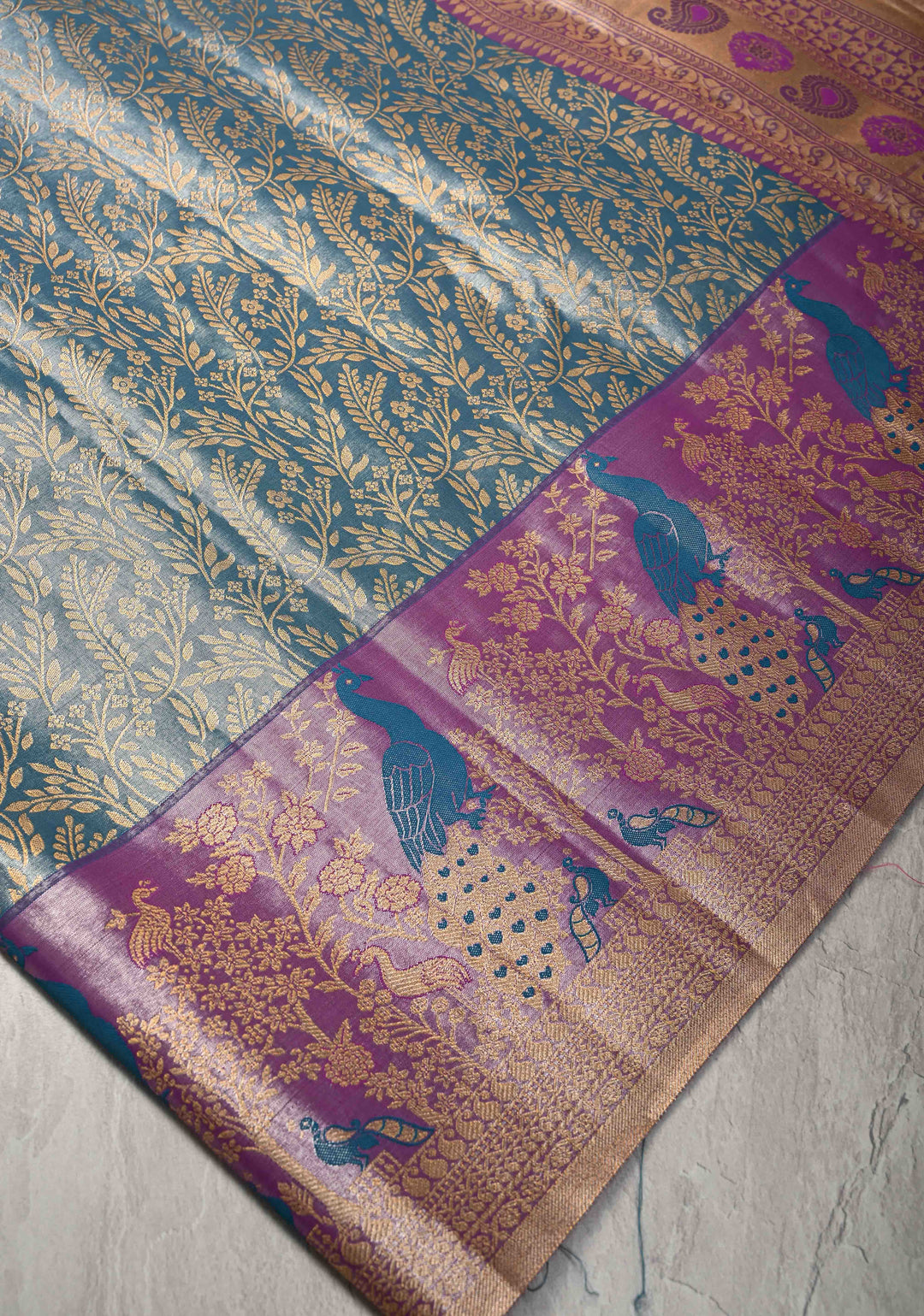 Maya Blue Kanjivaram Floral Brocade Tissue Semi Silk Saree With Contrast Zari Border