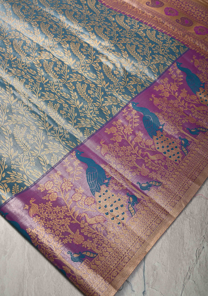 Maya Blue Kanjivaram Floral Brocade Tissue Semi Silk Saree With Contrast Zari Border