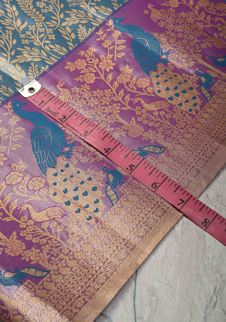 Maya Blue Kanjivaram Floral Brocade Tissue Semi Silk Saree With Contrast Zari Border
