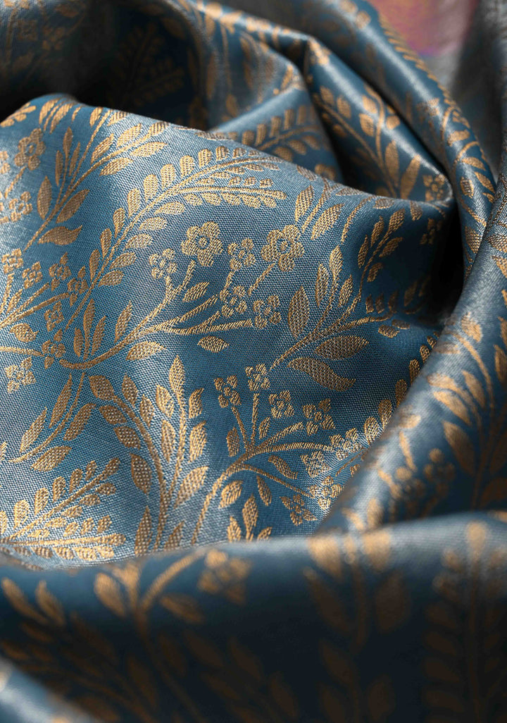 Maya Blue Kanjivaram Floral Brocade Tissue Semi Silk Saree With Contrast Zari Border