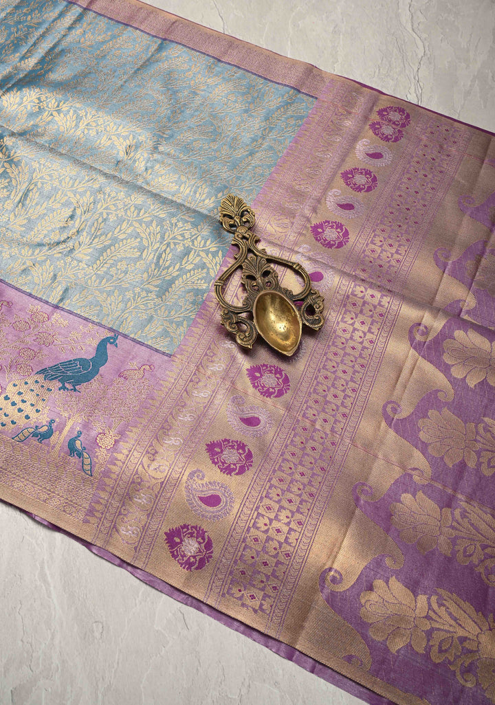 Maya Blue Kanjivaram Floral Brocade Tissue Semi Silk Saree With Contrast Zari Border