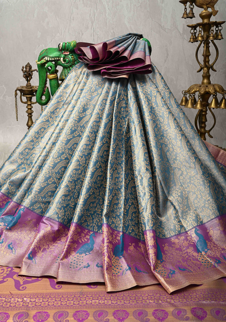 Maya Blue Kanjivaram Floral Brocade Tissue Semi Silk Saree With Contrast Zari Border