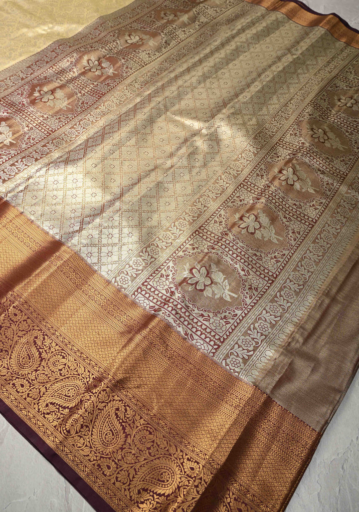 Beige Kanjivaram Tissue Semi Silk Saree with Meenakari Floral Brocade Jaal and Contrast Zari Border