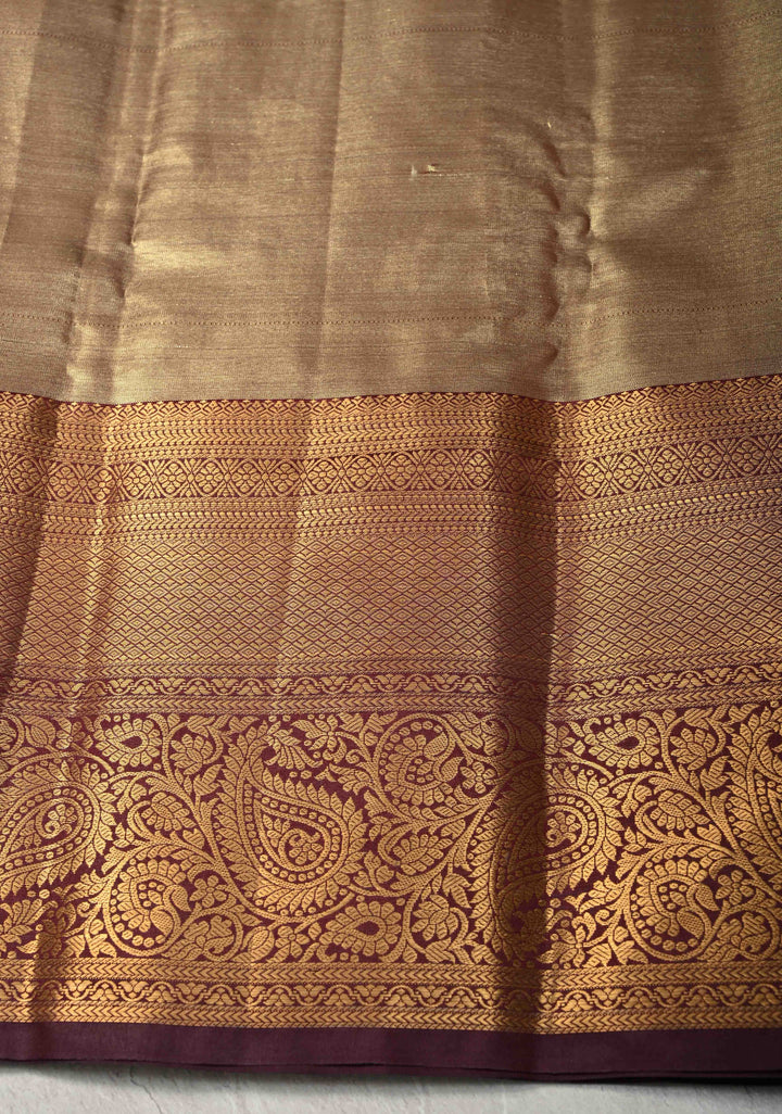 Beige Kanjivaram Tissue Semi Silk Saree with Meenakari Floral Brocade Jaal and Contrast Zari Border