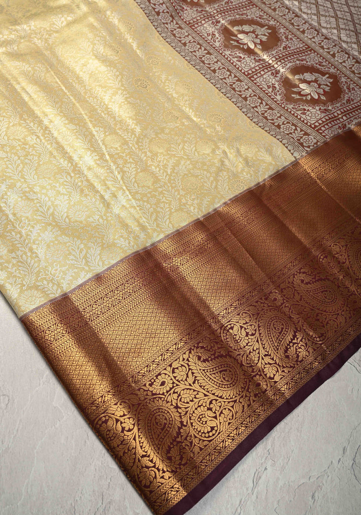 Beige Kanjivaram Tissue Semi Silk Saree with Meenakari Floral Brocade Jaal and Contrast Zari Border