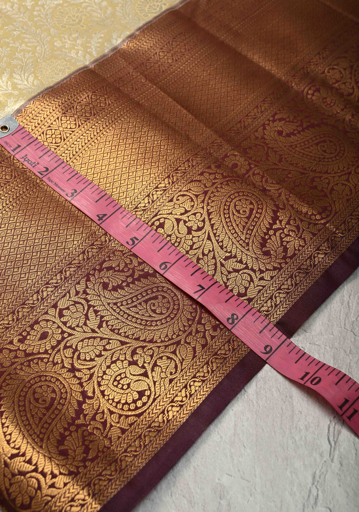 Beige Kanjivaram Tissue Semi Silk Saree with Meenakari Floral Brocade Jaal and Contrast Zari Border
